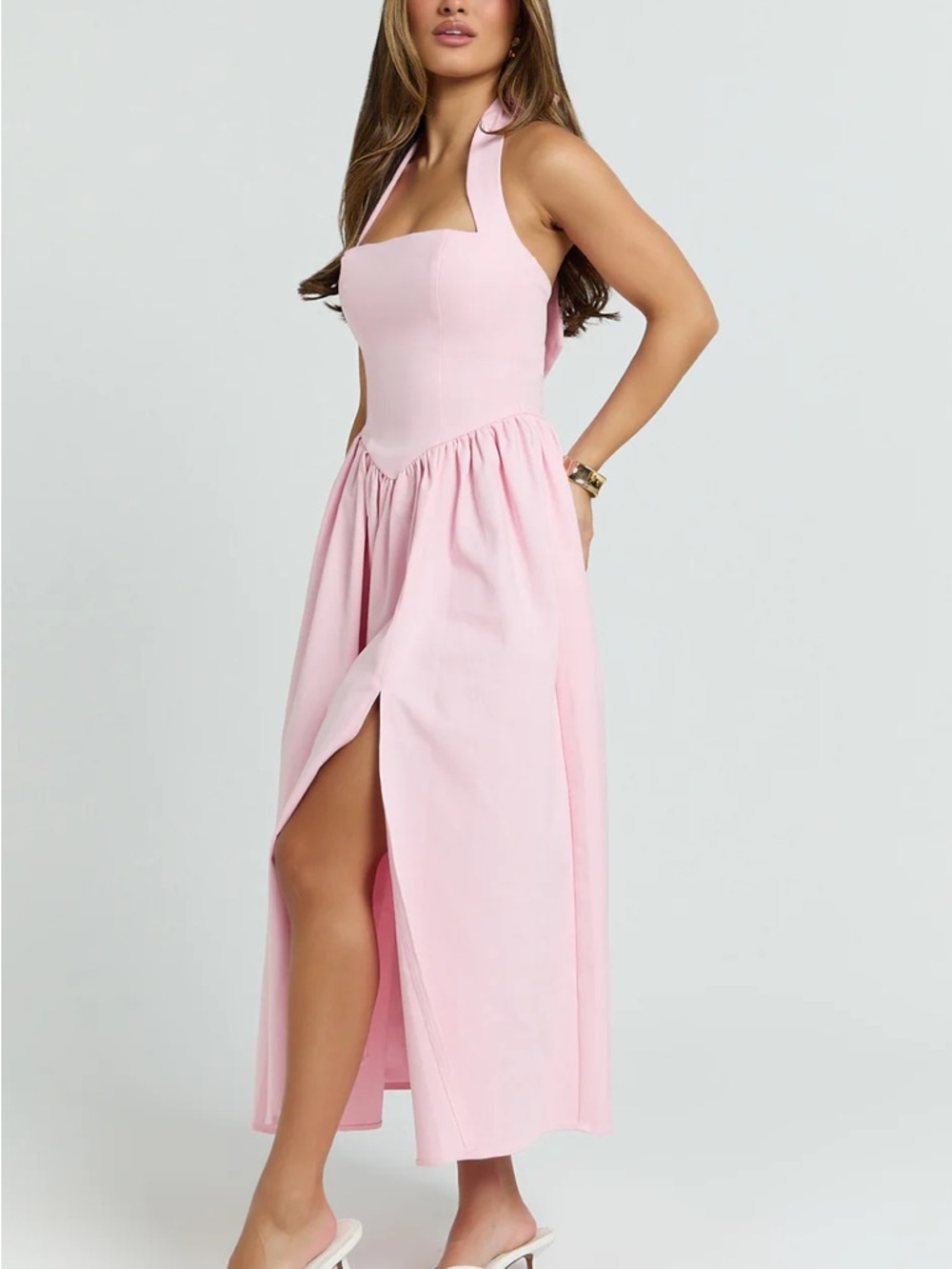 Showpo Pale Pink Halter Midi Dress with Front Slit: Helda Midi Dress, halter tie - Picture 2 of 4